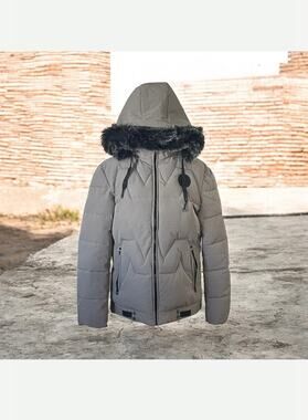 V.I.P COLLECTION Men's Puffer Jacket with Faux Fur Hood Gray Large